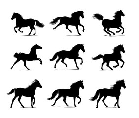 Collection of nine black horse silhouettes in various running poses.