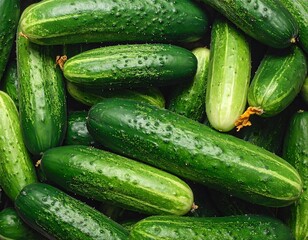 A close-up overhead shot showing a pile of fresh, green cucumbers. Some have tiny bumps and hairs on their skin