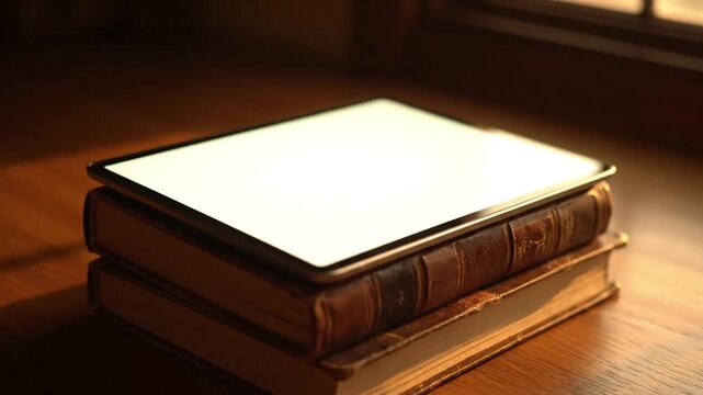 A contemporary electronic tablet with an illuminated white screen sits on two aged, leather-covered classic books, blending tradition with technology