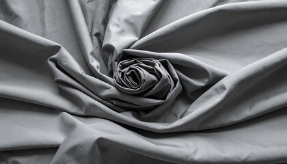 A close-up shot displaying smooth, grey fabric, expertly arranged in a spiral or rosette shape, creating a captivating, textured pattern