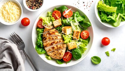A close-up overhead view of a freshly made Caesar salad featuring grilled chicken, croutons, tomatoes, lettuce, and parmesan cheese, served in a bowl