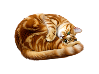 Adorable ginger tabby cat curled up sleeping peacefully in a tight ball on a black background