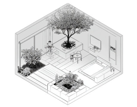 Isometric Line Drawing of a Modern Biophilic Interior Design.