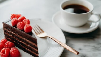 A slice of rich chocolate cake topped with fresh raspberries sits on a white plate, next to a cup of dark coffee on a marble table, creating a delightful still life scene.