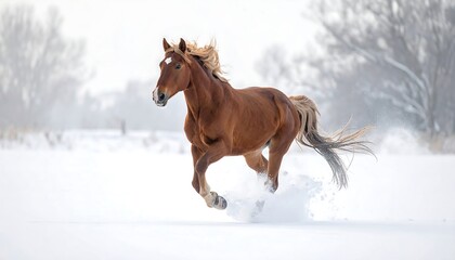 Majestic Horse Running Through Snowy Landscape.