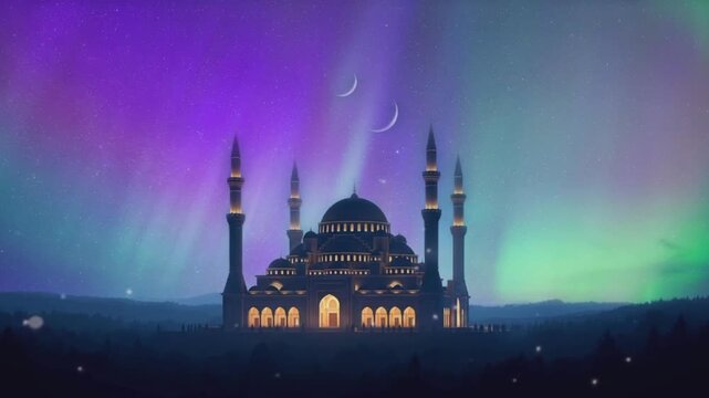 Beautiful landscape of mosque at night with aurora for Ramadan Kareem,Aidil Fitri, eid Mubarak decoration design gift background
