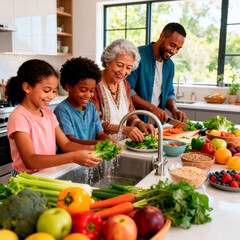 Vov&oacute; ensinando os netos a prepara alimentos saud&aacute;veis para o dia de a&ccedil;&atilde;o de gra&ccedil;as