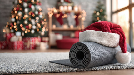 Festive scene with yoga mat and Santa Claus hat, home decorated for Christmas holidays