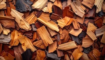 A close-up shot displays a chaotic collection of textured wooden pieces, featuring various warm and cool tones, creating a natural mosaic