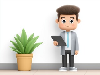 Cartoon character, a young boy in a gray lab coat, holding a tablet, stands beside a potted plant, showcasing a friendly and professional atmosphere in a modern setting