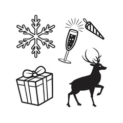 Festive christmas icons snowflake gift box champagne glass and deer silhouette collection isolated on transparent background