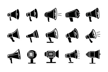 Diverse collection of black silhouette megaphone and bullhorn icons.