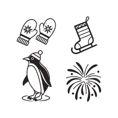 Winter holiday icons set festive penguin ice skates fireworks and mittens graphic element isolated on transparent background