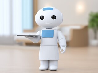Friendly humanoid robot with a white body and blue accents, holding a tablet in a modern living space, showcasing technology and innovation in everyday life