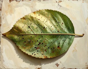 A close-up painting of a single, detailed leaf with a variety of greens, browns, and hints of yellow. Dark spots dot the surface