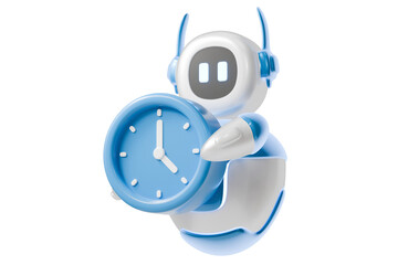 3d cute robot holding clock icon. time management productivity concept. Minimal cartoon bot robo mascot assistant for app ui banner, reminder. isolated on white background. 3d render.