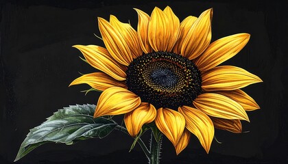 A close-up painting of a vibrant sunflower, radiating warmth. It has bright yellow petals, a dark seed head, and a single green leaf