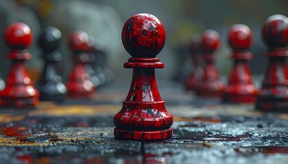 A close-up perspective highlights a central red pawn on a chessboard. Blurred pieces in red and black fill the background, set in a weathered setting