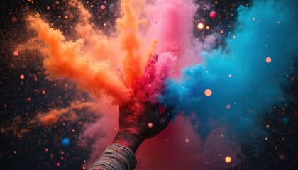Hand reaches into air disrupting clouds of orange pink and blue powder. Dust particles sparkle against dark background creating abstract colorful display. Energy motion visual.