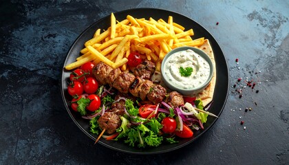 Delicious Greek Skewers with Fries and Salad.