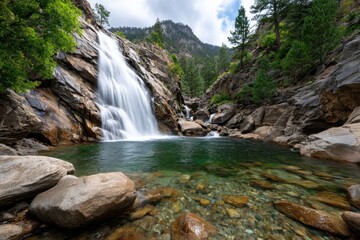 Fototapeta premium Waterfall cascading into a clear pool in a rocky canyon