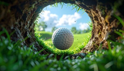 A close-up perspective looks out from a golf hole, centered on a ball about to drop into the green with sunny skies