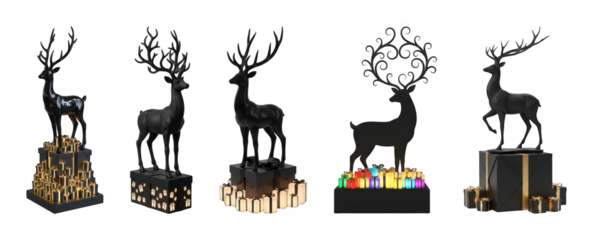 Black deer set including glossy, matte, and silhouette styles, adorned with gifts isolated. Modern Christmas and luxury holiday decor collection.