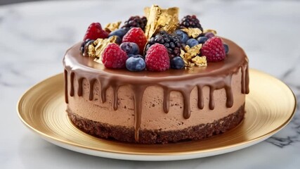 Decadent chocolate cake adorned with fresh berries, gold leaf details, and a rich chocolate ganache glaze, beautifully presented on a golden plate, offering a luxurious dessert experience. - Powered by Adobe