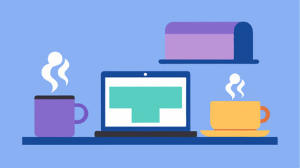 An Lshaped desk setup with a laptop and two coffee mugs one steaming the other full situated next to a simple calendar.