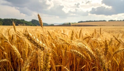 A close-up perspective of a golden wheat field under a partly cloudy sky. The foreground is sharply focused, drawing attention to the ripened grains