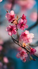 Close up of a branch with pink cherry blossoms against a blurred blue and pink background outdoors
