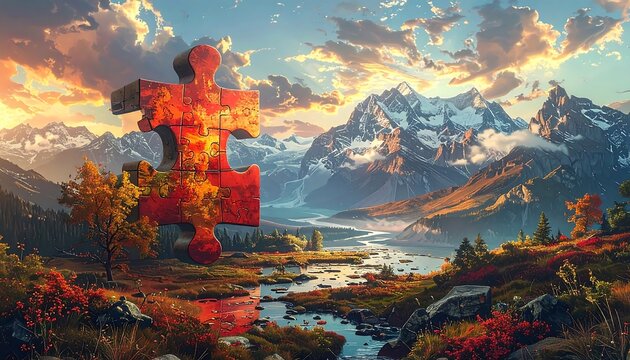 Colorful Mountain Landscape Puzzle Piece.