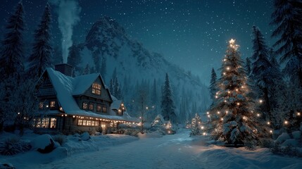 雪に覆われた山間の家と装飾されたクリスマスツリーが輝く冬の夜景 | Winter night landscape with a snow-covered mountain house and illuminated Christmas trees