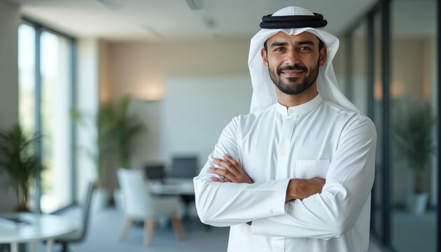 Arabian man in traditional thawb, ghutra stands confidently in modern office. His crossed arms, warm smile suggest success, approachability. He works in bright, airy workspace with blurred background.