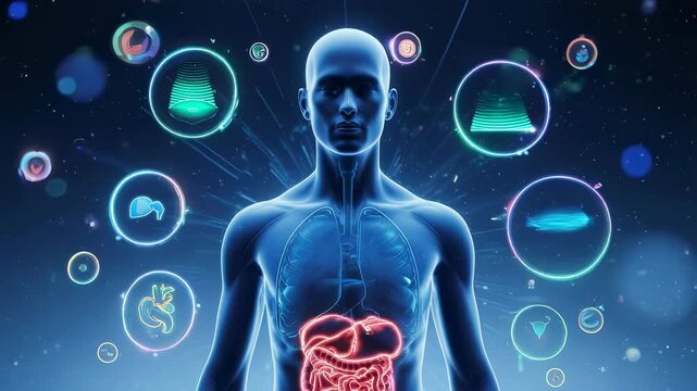 Male human body with glowing internal organs and surrounding health care icons representing medical and anatomy knowledge, animation - Powered by Adobe