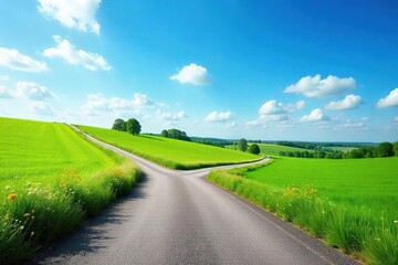 Winding Country Road Through Lush Green Fields under a Vibrant Blue Sky, Idyllic Summer Landscape, Perfect for Travel and Nature Photography