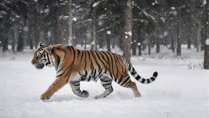 Obraz premium A majestic tiger walks through a snowy forest during a winter storm, showcasing natural beauty