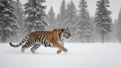 Obraz premium A majestic tiger sprints across a snow-covered landscape, evergreen trees in the background