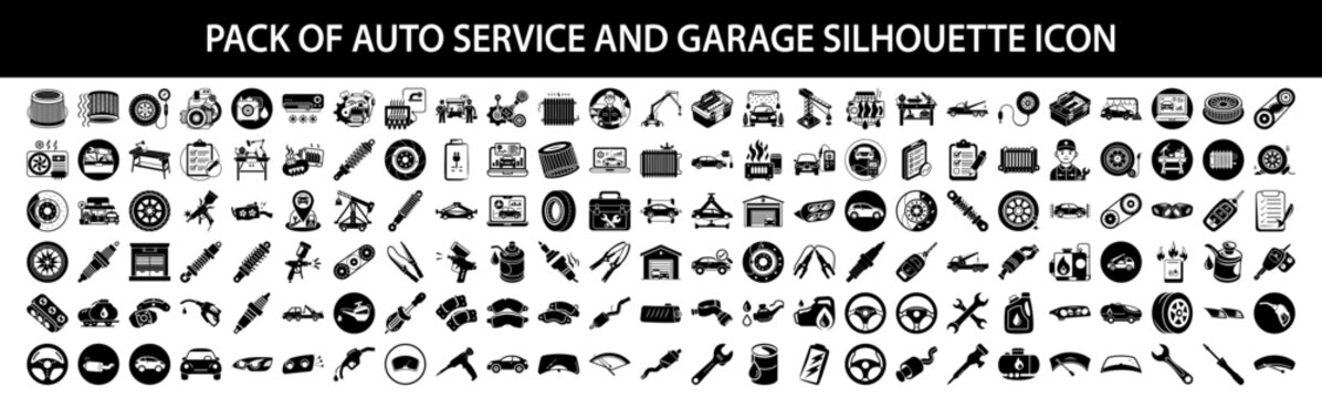 Vector art of a comprehensive set of auto service and garage silhouette icons, depicting various car maintenance, repair, and automotiverelated elements, isolated on a