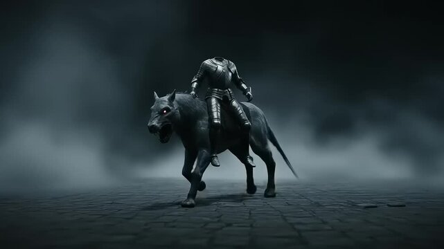 Headless Knight Riding a Dark Wolf in Misty Landscape