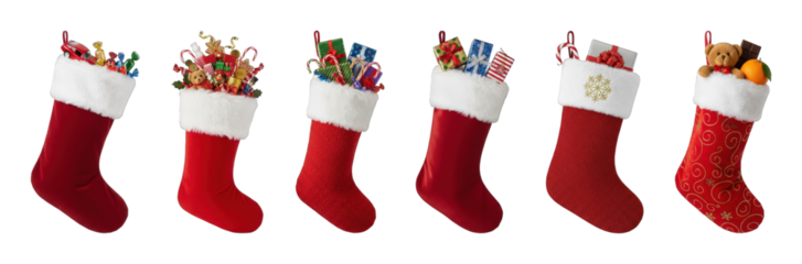 Christmas stockings set including empty, knit, plush, patterned, and filled with various gifts isolated. Holiday season decoration and gifting concept.