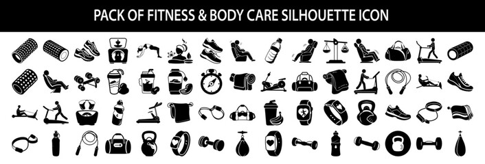 Vector art of pack of fitness and body care silhouette icons, , featuring a variety of exercise equipment, gym accessories, and wellness symbols for health and fitness concepts