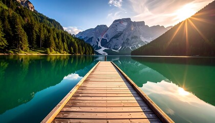 Serene Mountain Lake Dock at Sunrise.