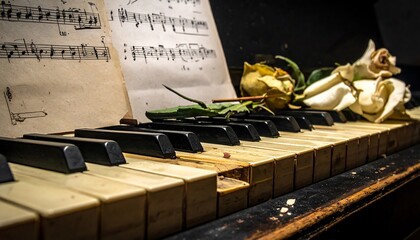 A close-up perspective showcases aged piano keys, sheet music, and wilted, pale roses, suggesting a scene of melancholy music