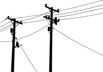 Utility pole silhouettes, electricity distribution network, power line infrastructure, transformers and insulators, urban energy grid, organized electrical system, parallel wires, technical design