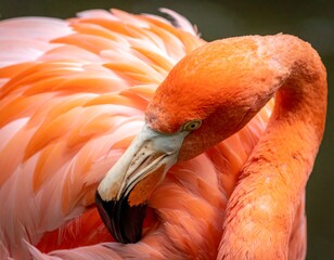A close-up photo captures a vibrant pink and orange feathered bird, possibly a flamingo, preening its plumage with its distinctive curved beak