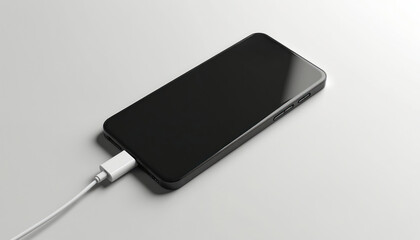 Black smartphone device with charger cord connected. Mobile tech gadget with a charging cable on white background. Phone battery charging, power supply concept. Modern tech accessory.