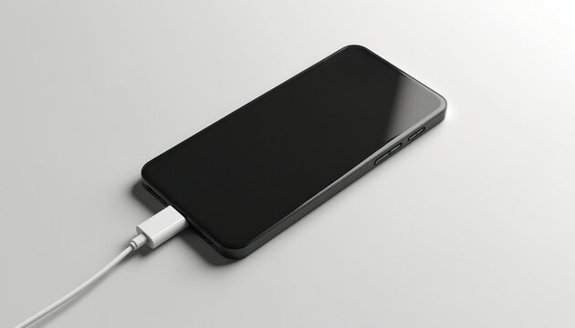 Black smartphone device with charger cord connected. Mobile tech gadget with a charging cable on white background. Phone battery charging, power supply concept. Modern tech accessory.