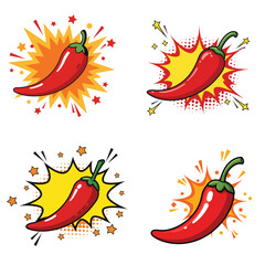 fun burst pop art exploding red chili vector collection hand-drawn flat solid comic style spicy pepper clip art on white background