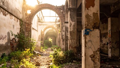 A sunlit interior ruin showcases arched openings and peeling paint. Sunlight streams through the collapsed ceiling into the overgrown corridor